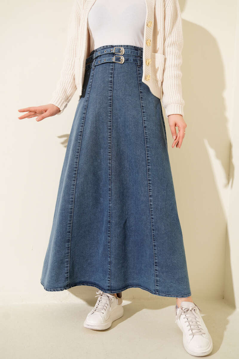Double-Belt Denim Skirt - Blue