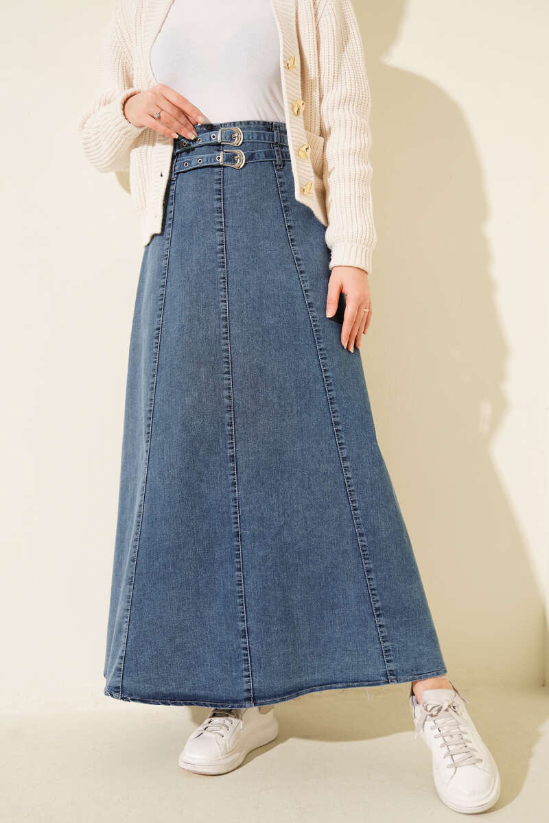 Double-Belt Denim Skirt - Blue