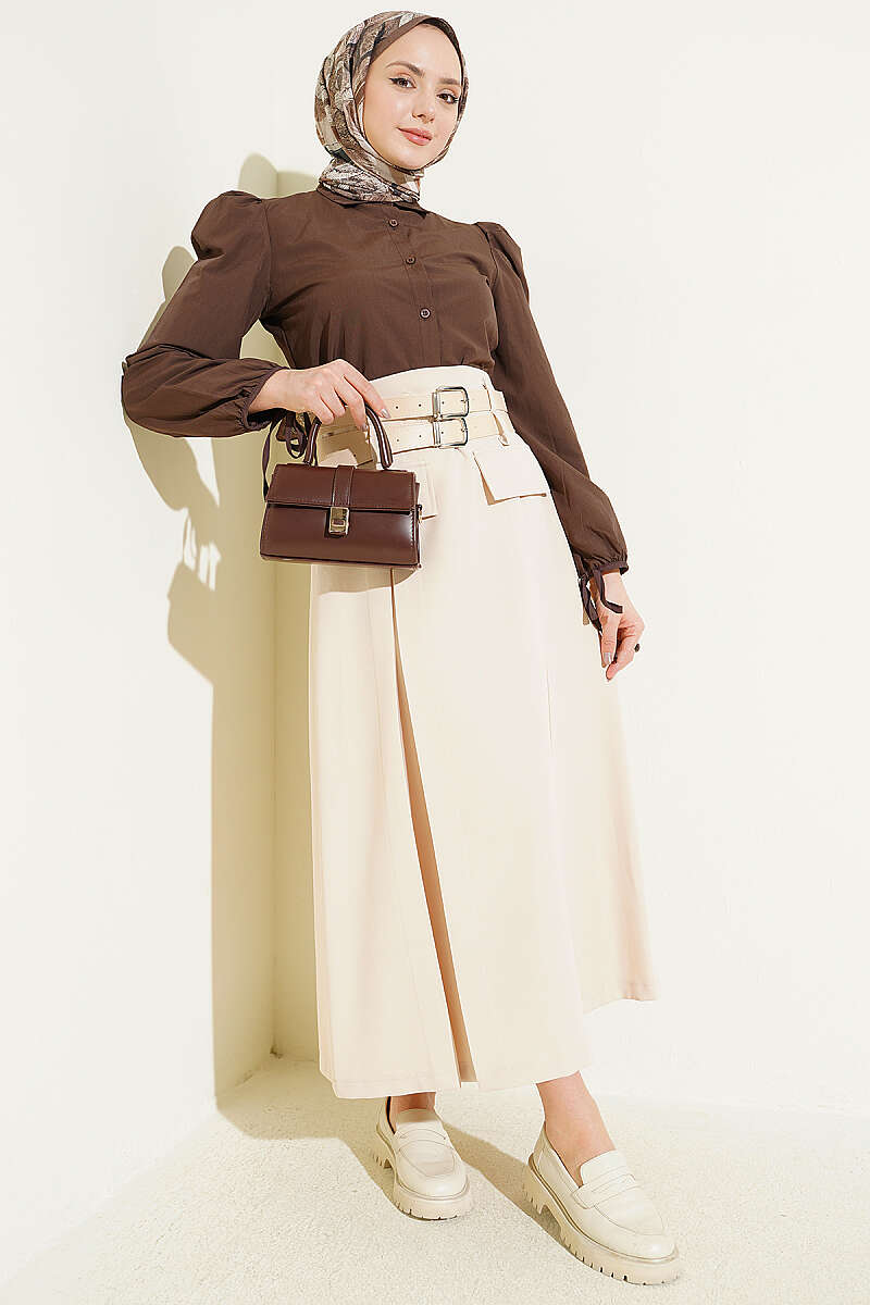 Double-Belt Flared Skirt with Darts - Beige