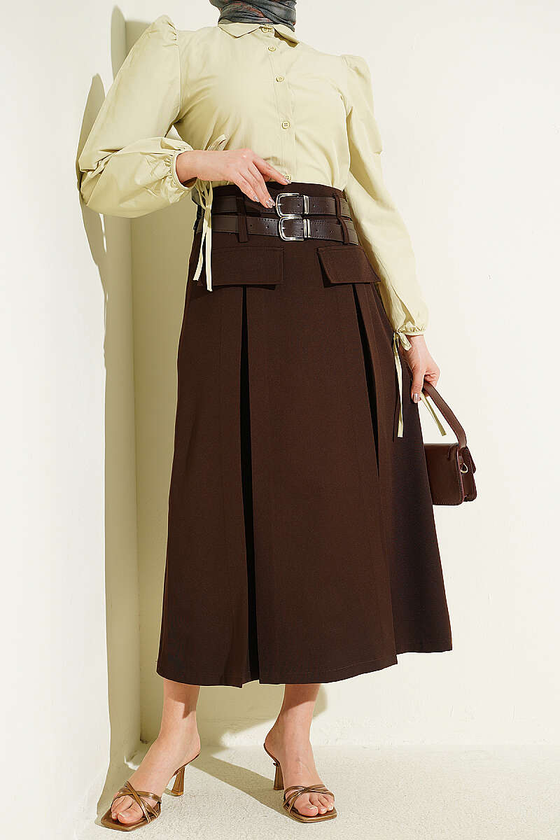 Double-Belt Flared Skirt with Darts - Brown
