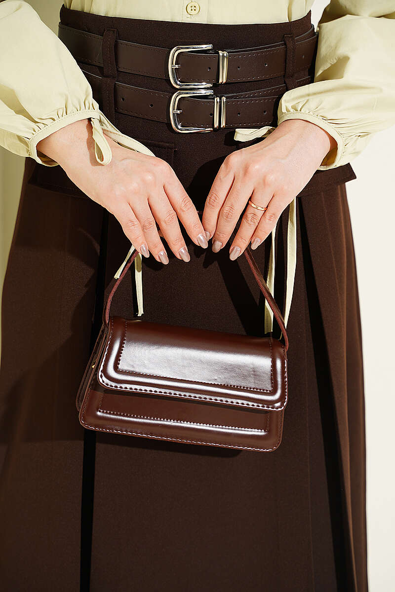 Double-Belt Flared Skirt with Darts - Brown