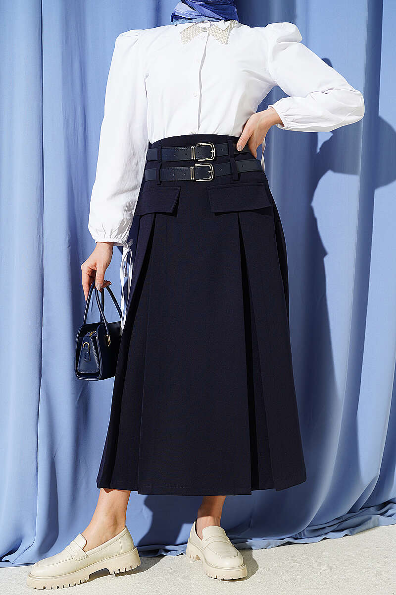 Double-Belt Flared Skirt with Darts - Navy