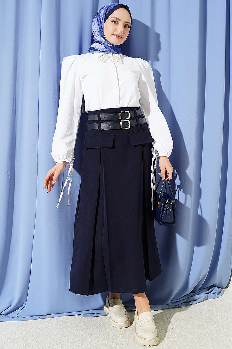 Double-Belt Flared Skirt with Darts - Navy