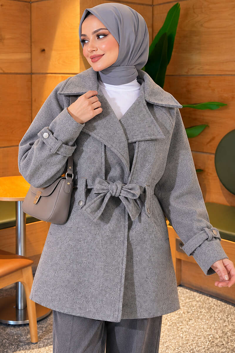 Belted Felt Coat with Double Cape - Grey
