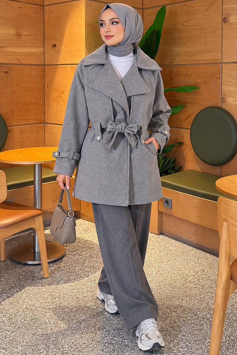 Belted Felt Coat with Double Cape - Grey