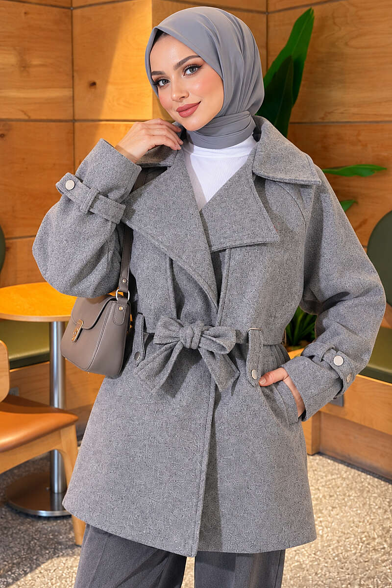Belted Felt Coat with Double Cape - Grey