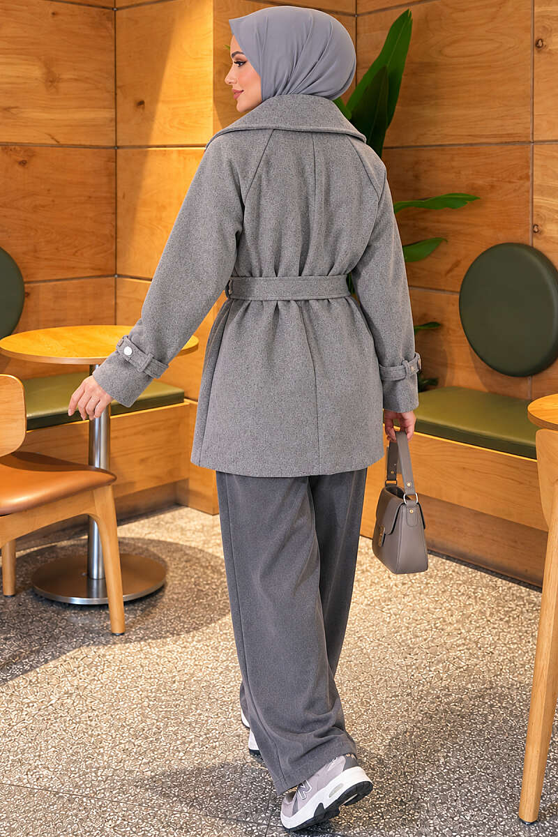 Belted Felt Coat with Double Cape - Grey