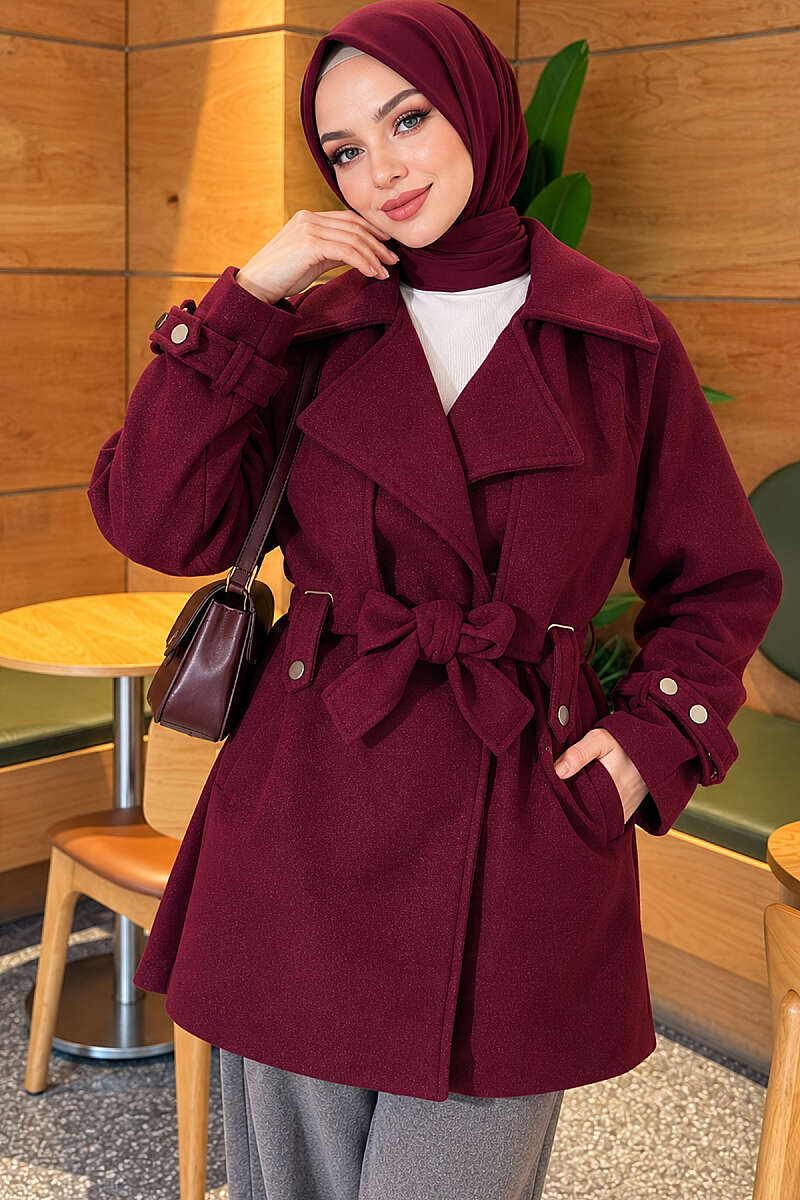 Belted Felt Coat with Double Cape - Plum
