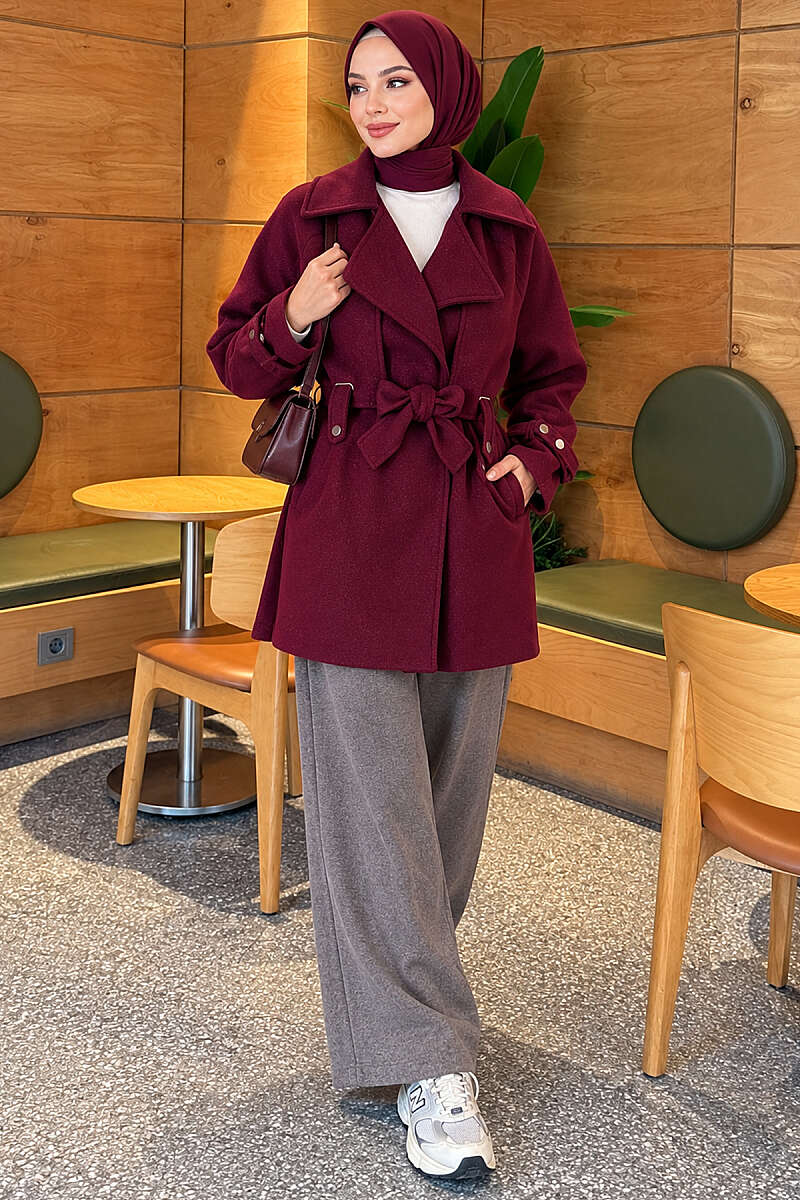 Belted Felt Coat with Double Cape - Plum