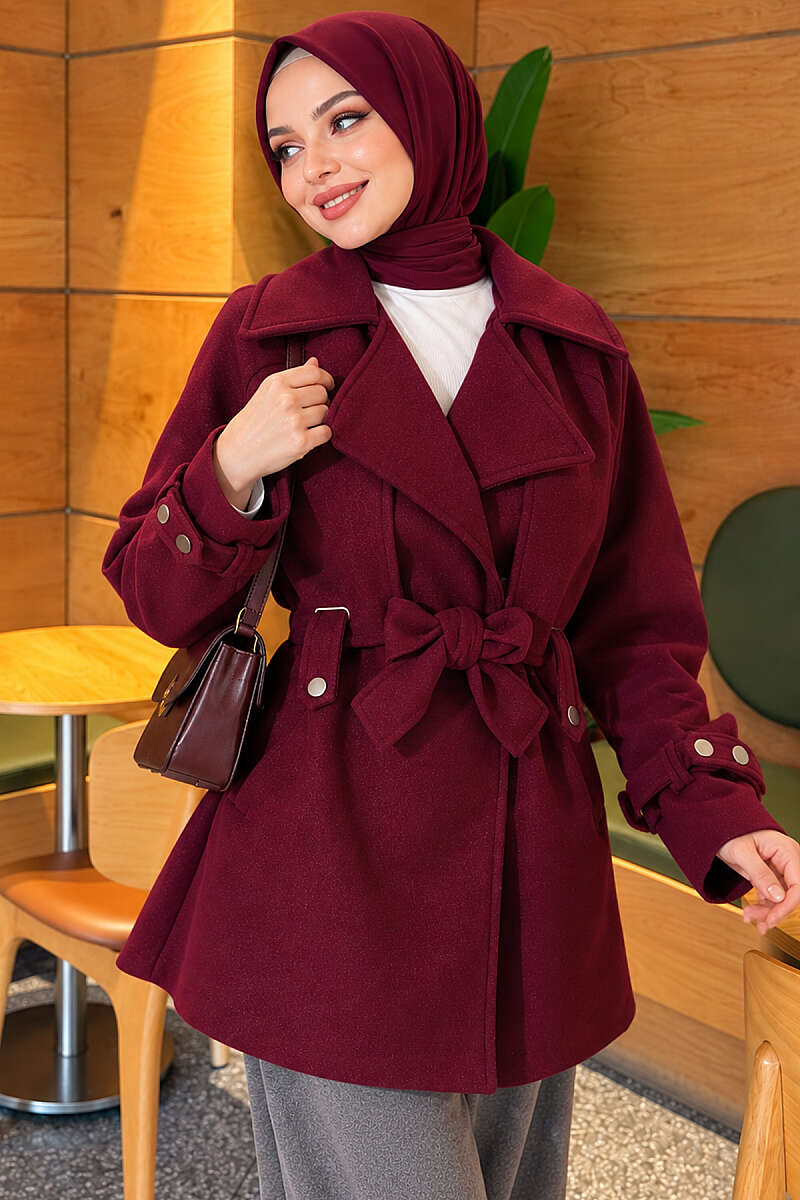 Belted Felt Coat with Double Cape - Plum