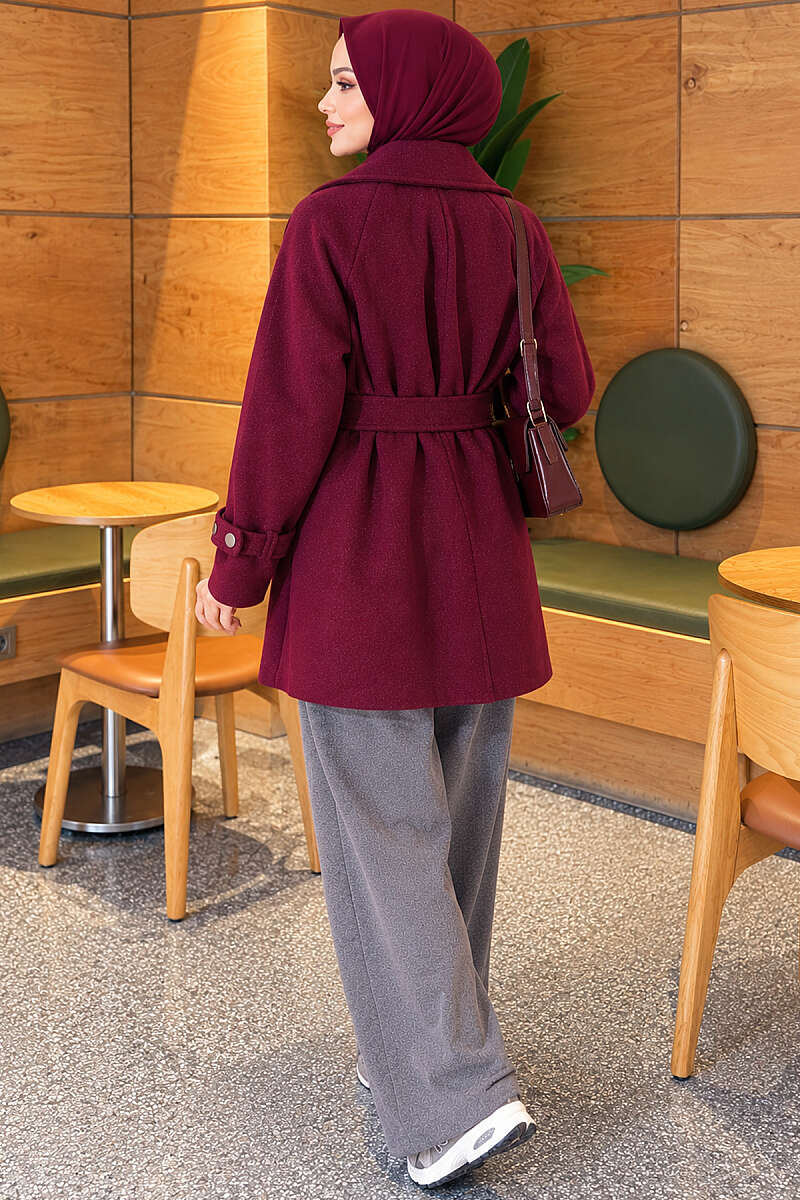 Belted Felt Coat with Double Cape - Plum