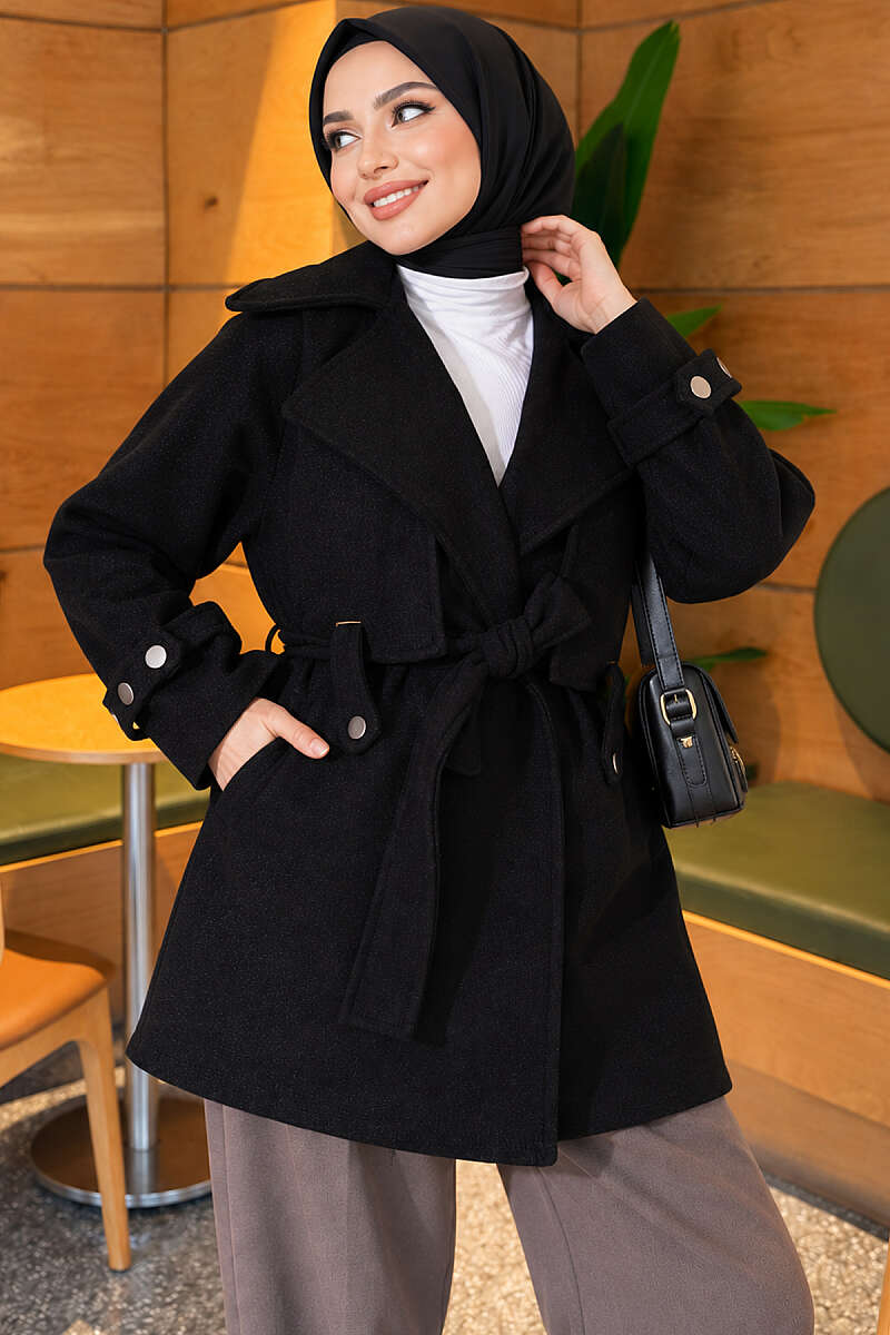 Belted Felt Coat with Double Cape - Black