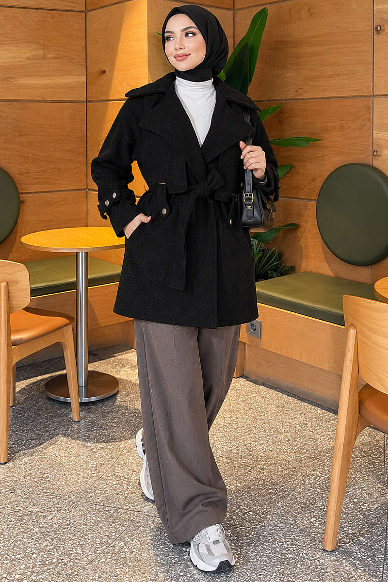 Belted Felt Coat with Double Cape - Black