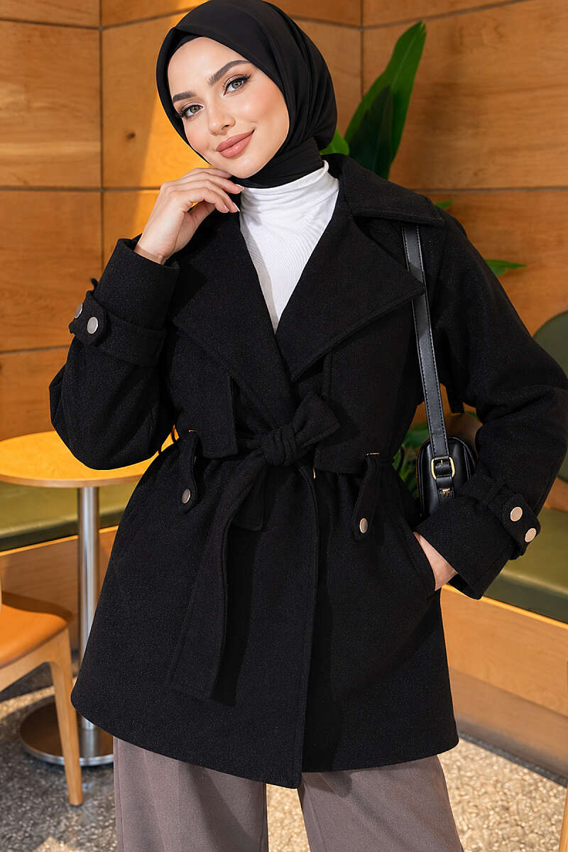 Belted Felt Coat with Double Cape - Black