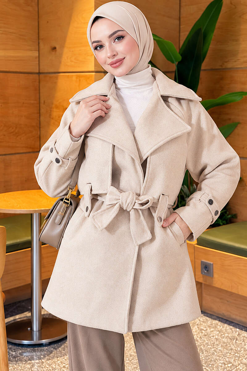 Belted Felt Coat with Double Cape - Stone