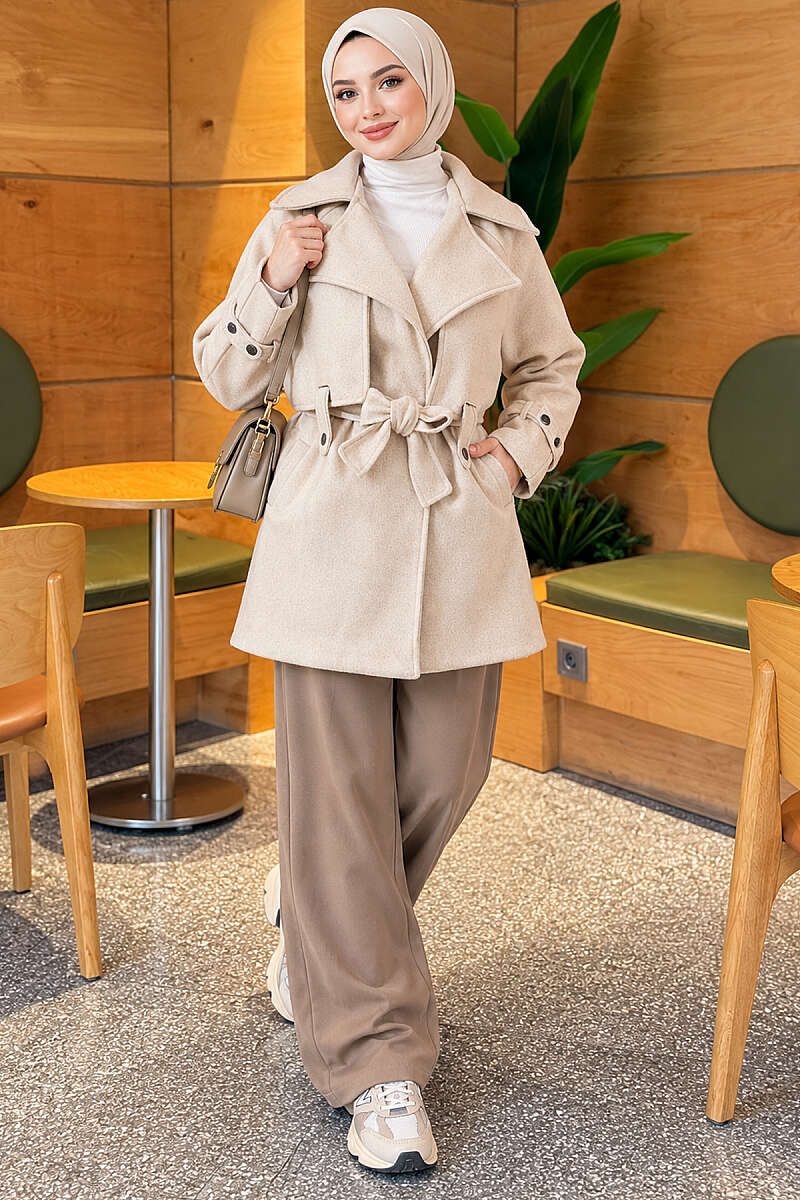 Belted Felt Coat with Double Cape - Stone