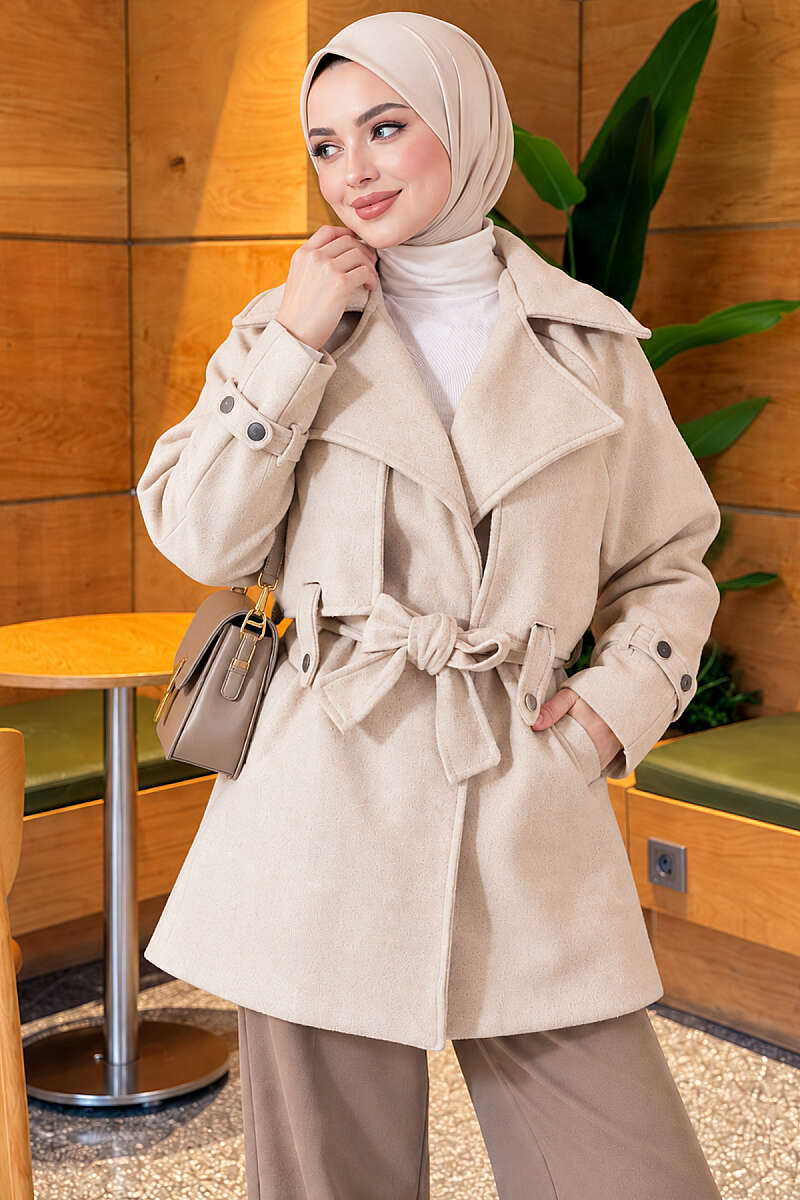 Belted Felt Coat with Double Cape - Stone