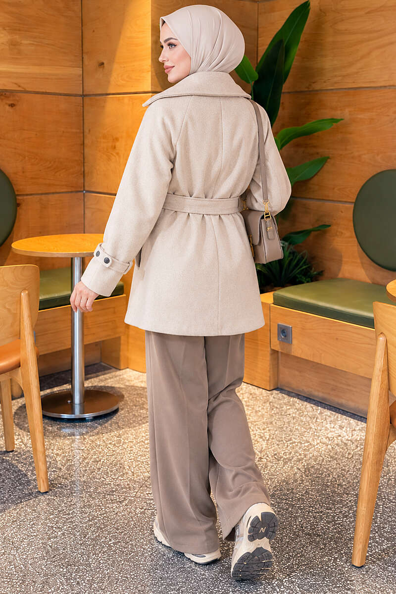 Belted Felt Coat with Double Cape - Stone