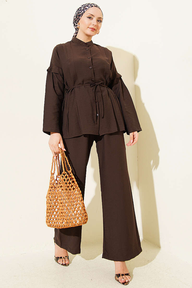 Double-Pleat Mandarin-Collar Two-Piece Set - Dark Brown