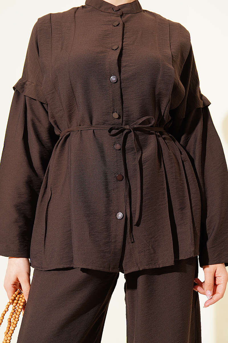 Double-Pleat Mandarin-Collar Two-Piece Set - Dark Brown