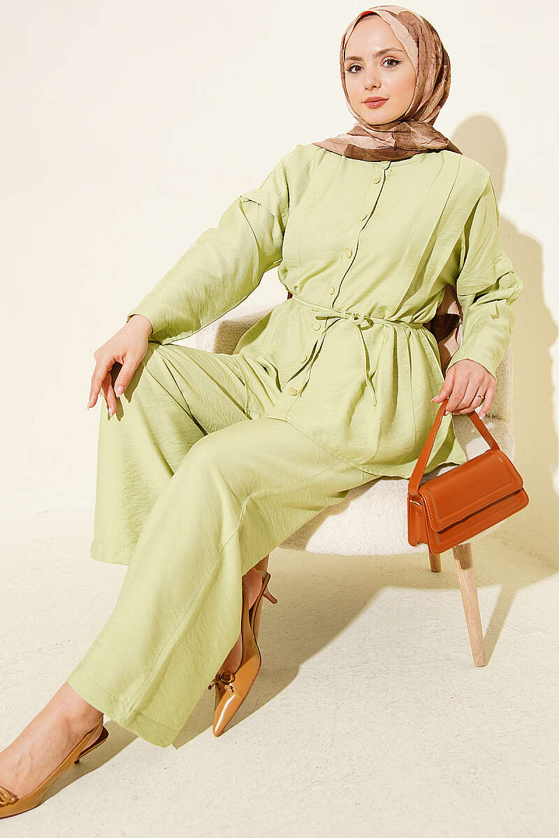 Double-Pleat Mandarin-Collar Two-Piece Set - Almond Green