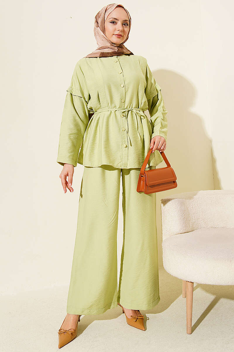 Double-Pleat Mandarin-Collar Two-Piece Set - Almond Green