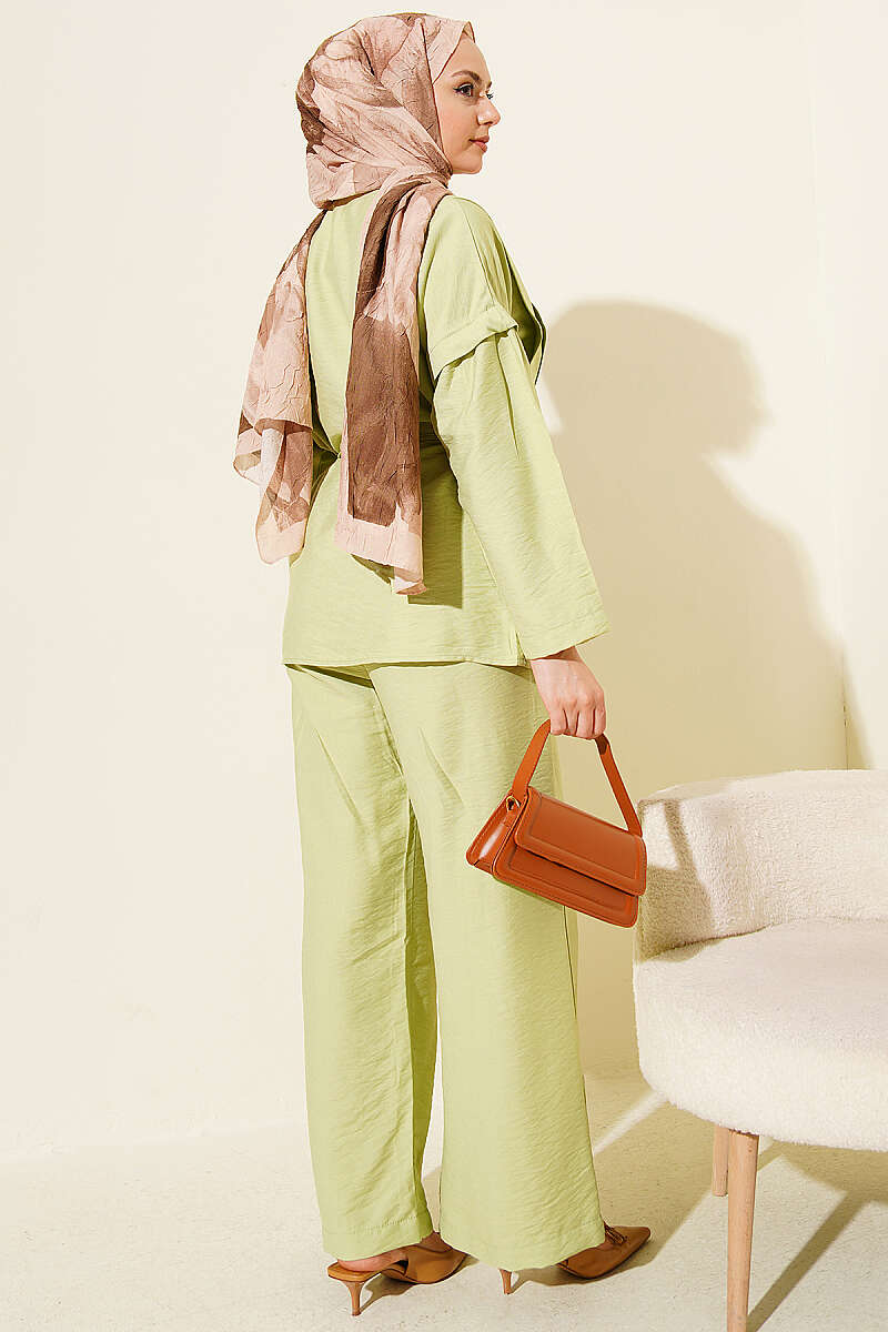 Double-Pleat Mandarin-Collar Two-Piece Set - Almond Green