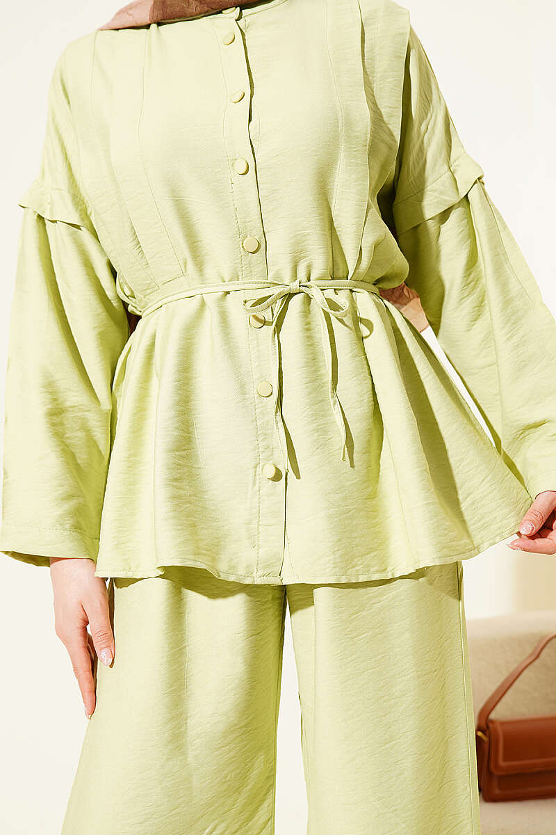 Double-Pleat Mandarin-Collar Two-Piece Set - Almond Green