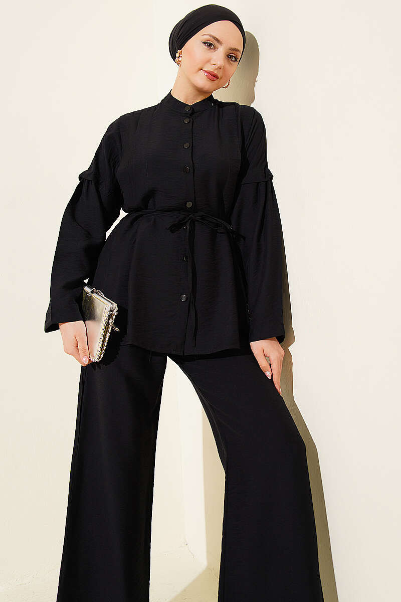 Double-Pleat Mandarin-Collar Two-Piece Set - Black