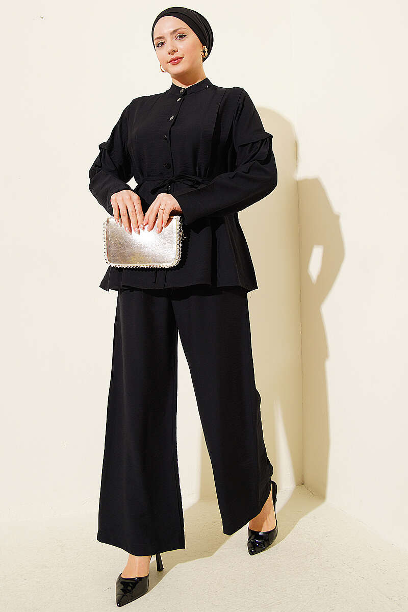 Double-Pleat Mandarin-Collar Two-Piece Set - Black