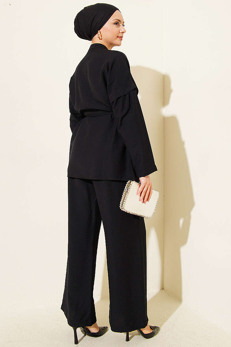 Double-Pleat Mandarin-Collar Two-Piece Set - Black