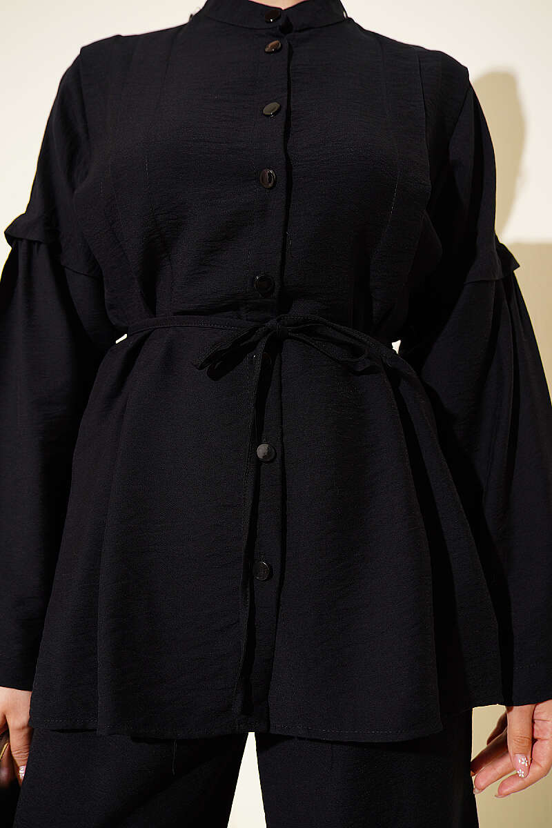 Double-Pleat Mandarin-Collar Two-Piece Set - Black