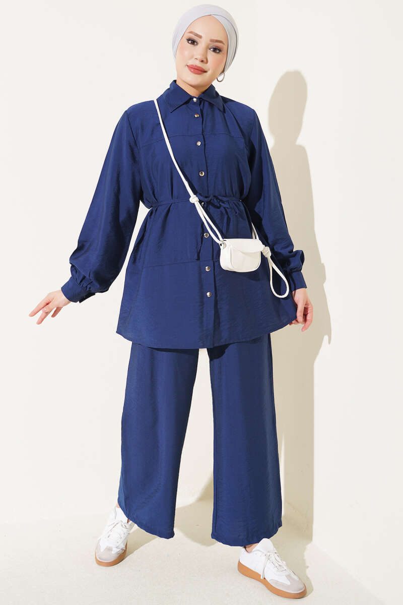 Double-Robe Two-Piece Set with Cord Belt - Navy