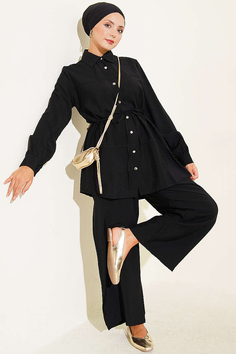 Double-Robe Two-Piece Set with Cord Belt - Black