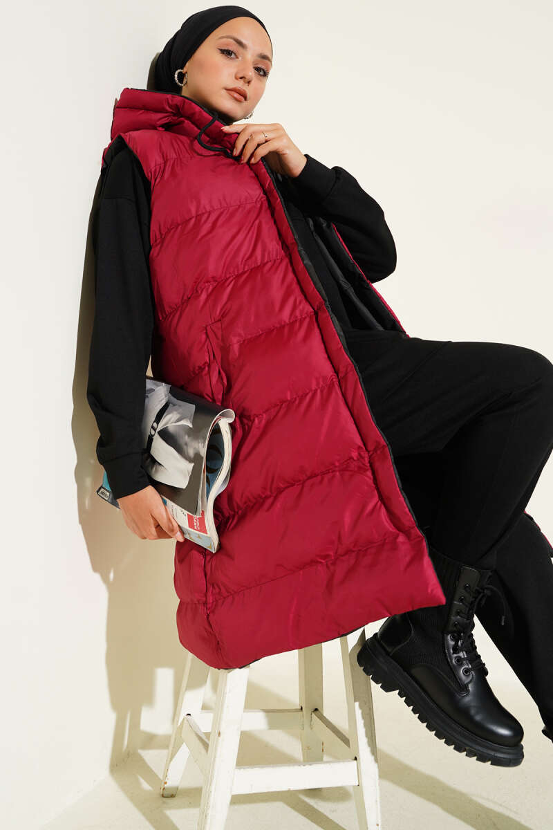 Reversible Zip Puffer Vest - Black-Burgundy