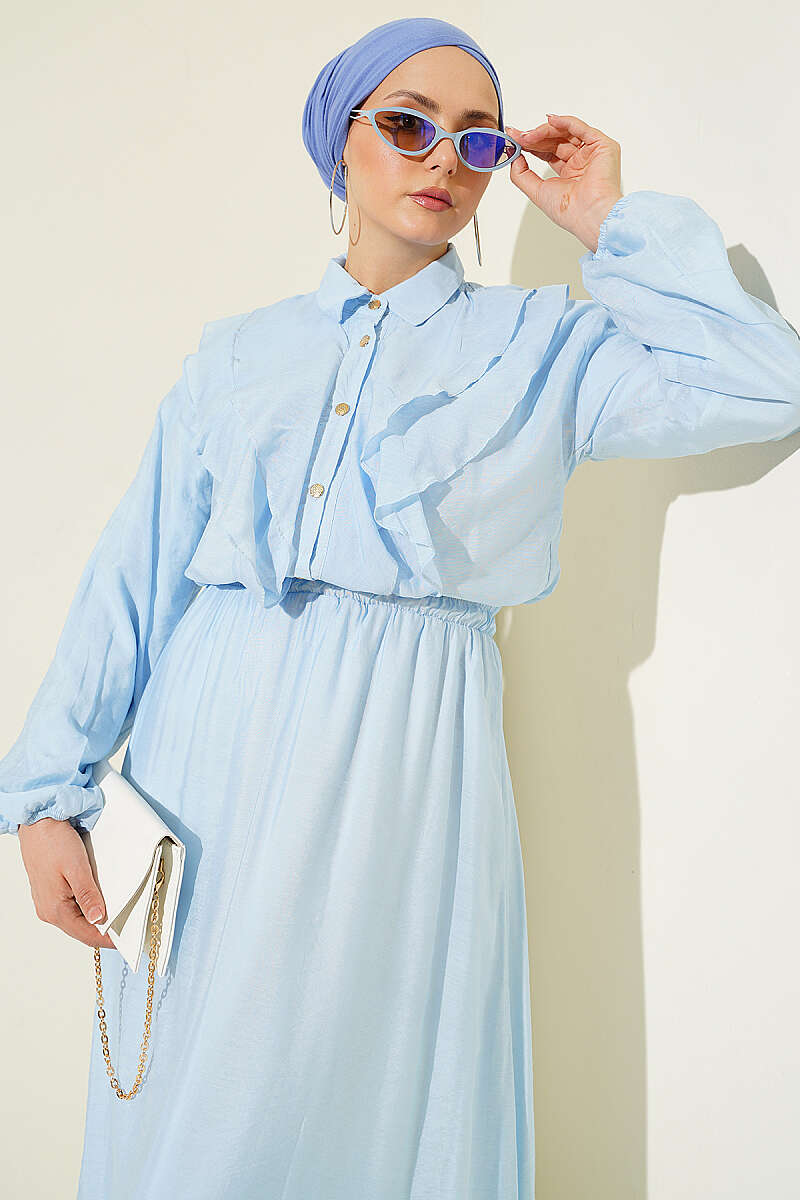 Two-Piece Skirt Set with Double V Ruffle - Light Blue