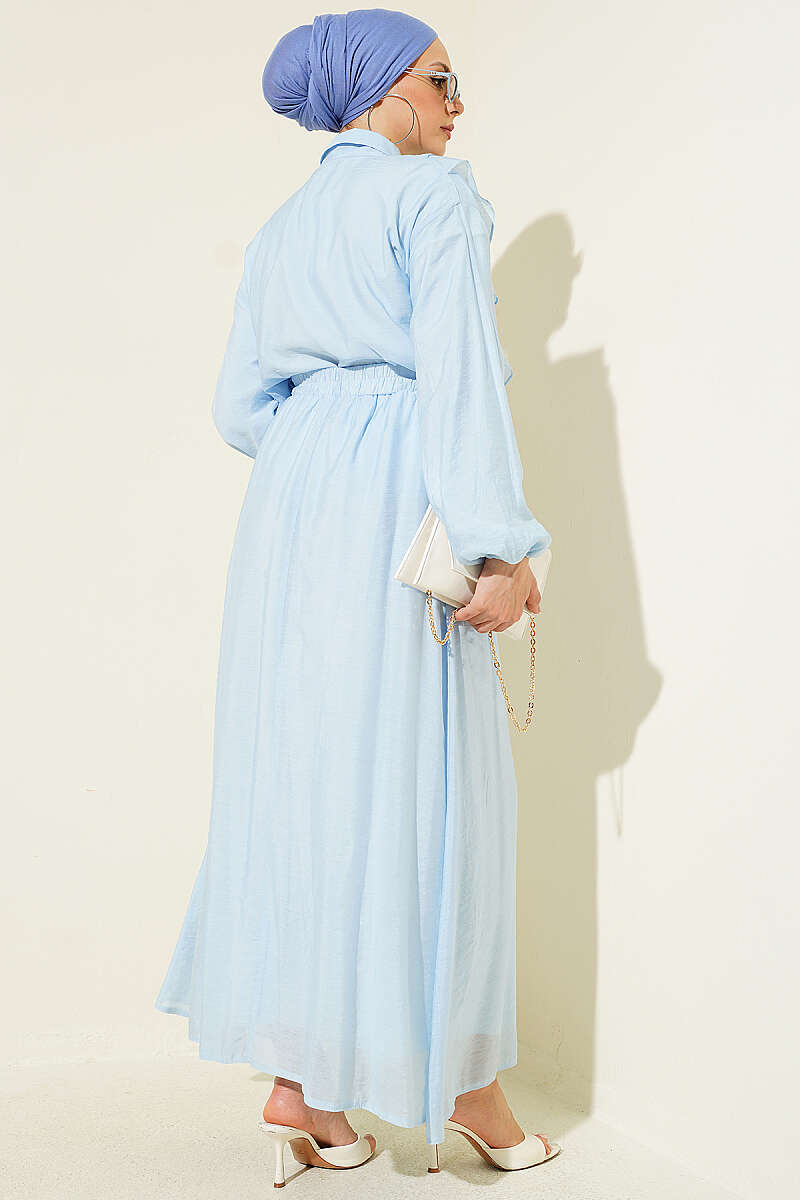 Two-Piece Skirt Set with Double V Ruffle - Light Blue