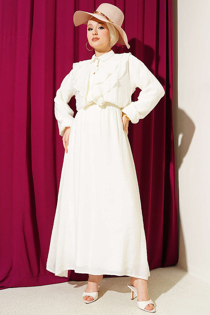 Two-Piece Skirt Set with Double V Ruffle - Ecru