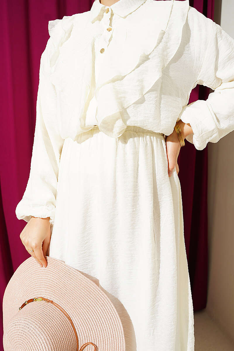 Two-Piece Skirt Set with Double V Ruffle - Ecru