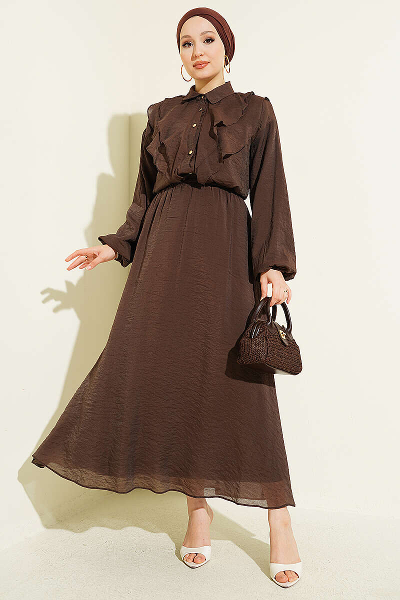 Two-Piece Skirt Set with Double V Ruffle - Brown