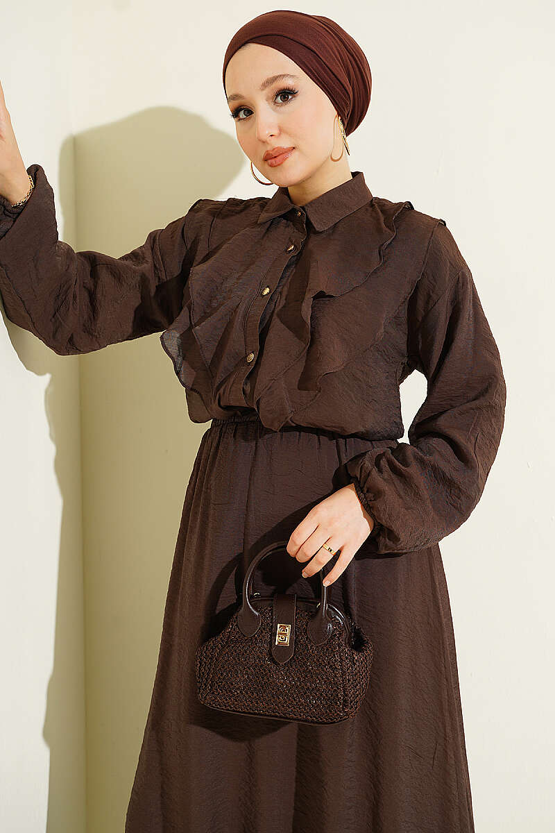 Two-Piece Skirt Set with Double V Ruffle - Brown
