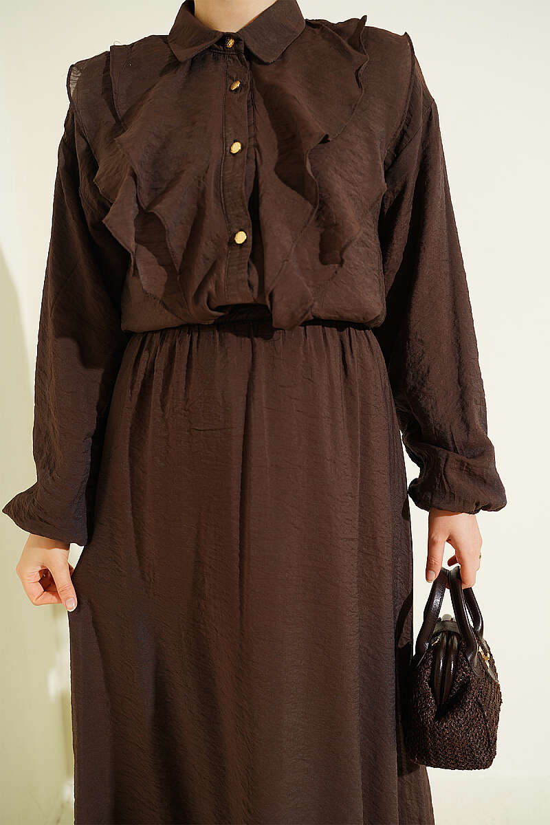 Two-Piece Skirt Set with Double V Ruffle - Brown
