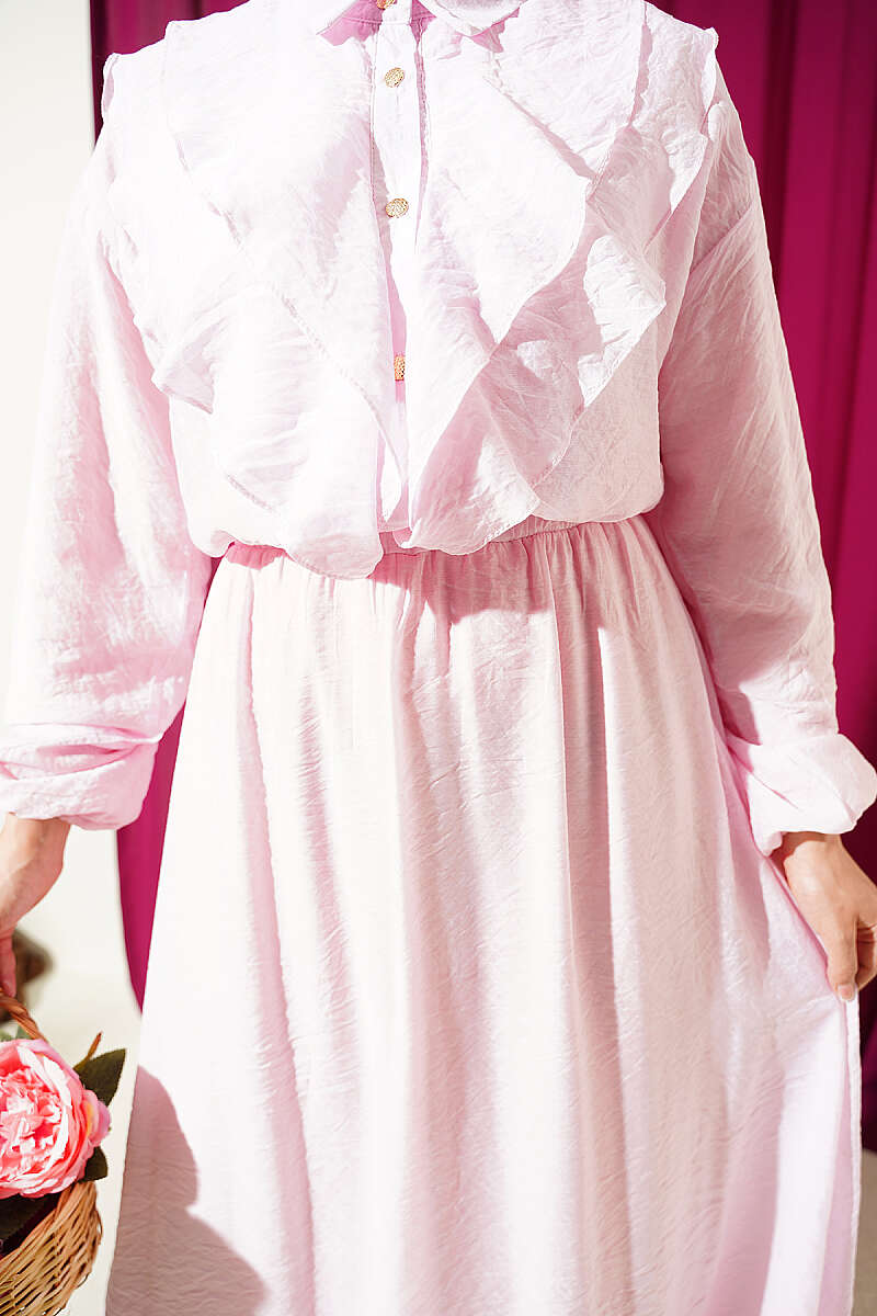 Two-Piece Skirt Set with Double V Ruffle - Pink
