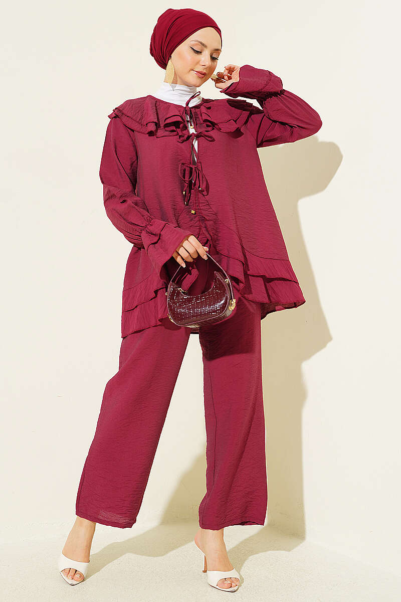 Two-Piece Set with Double Collar and Ties - Burgundy