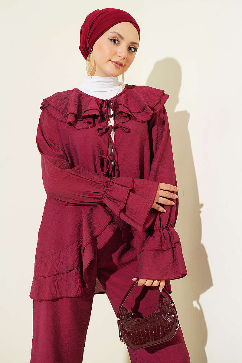 Two-Piece Set with Double Collar and Ties - Burgundy