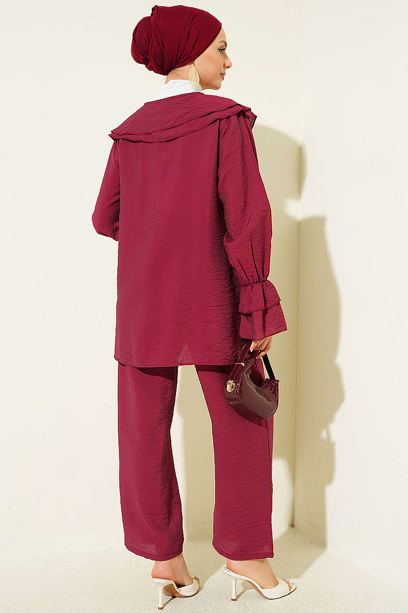 Two-Piece Set with Double Collar and Ties - Burgundy
