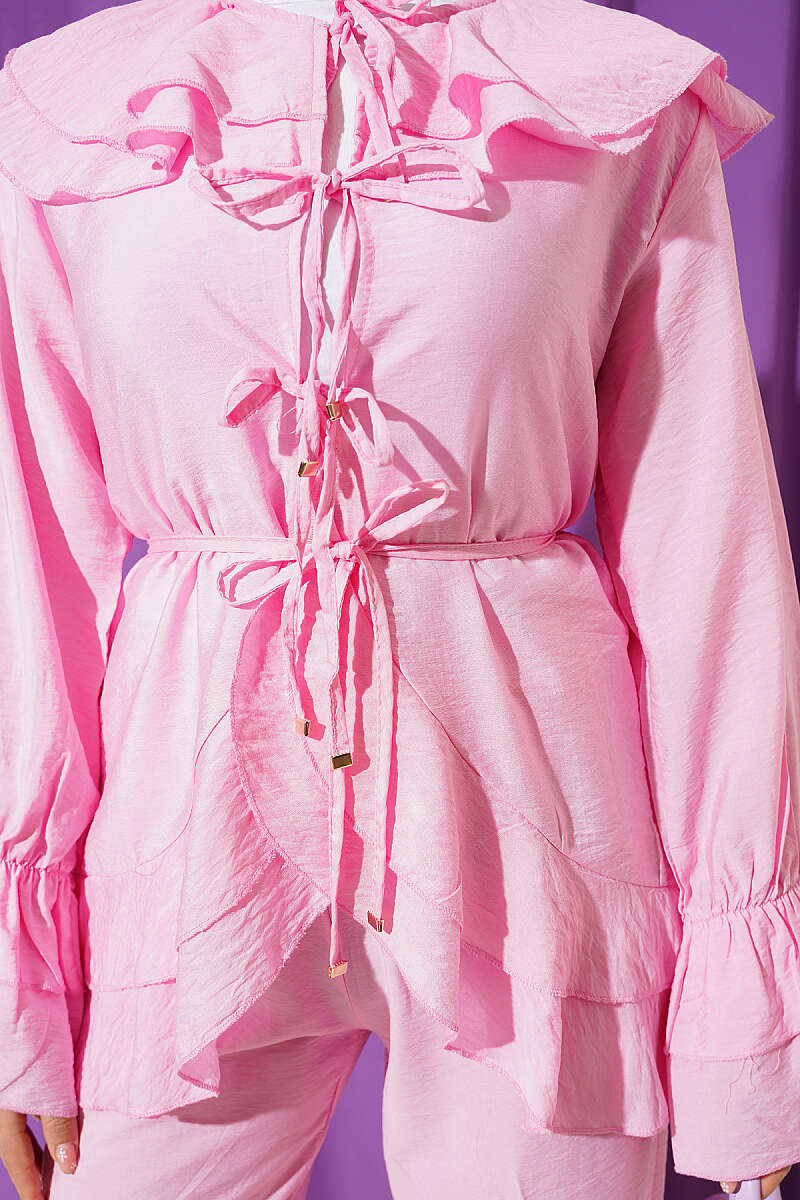 Two-Piece Set with Double Collar and Ties - Pink