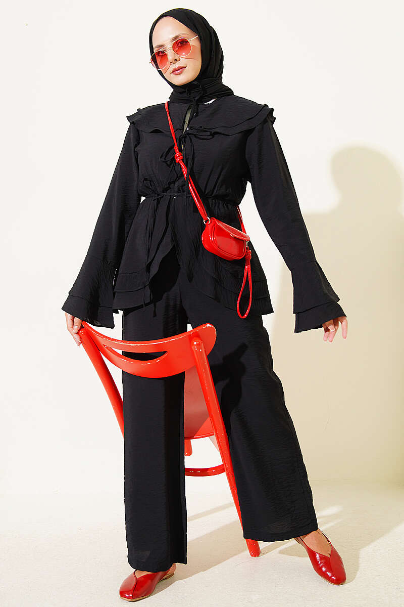 Two-Piece Set with Double Collar and Elastic Waist - Black