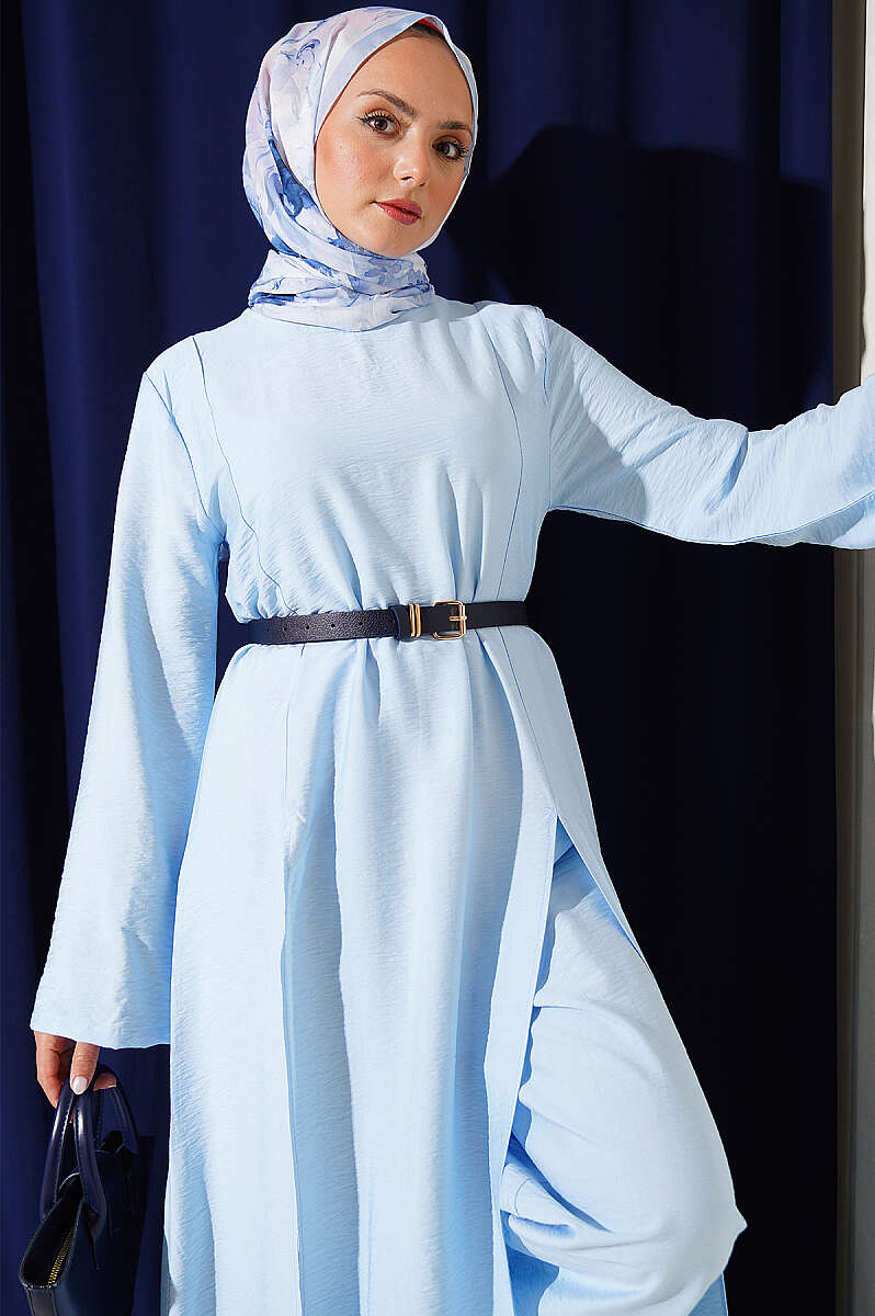 Long Tunic Two-Piece Set with Double Slits - Blue
