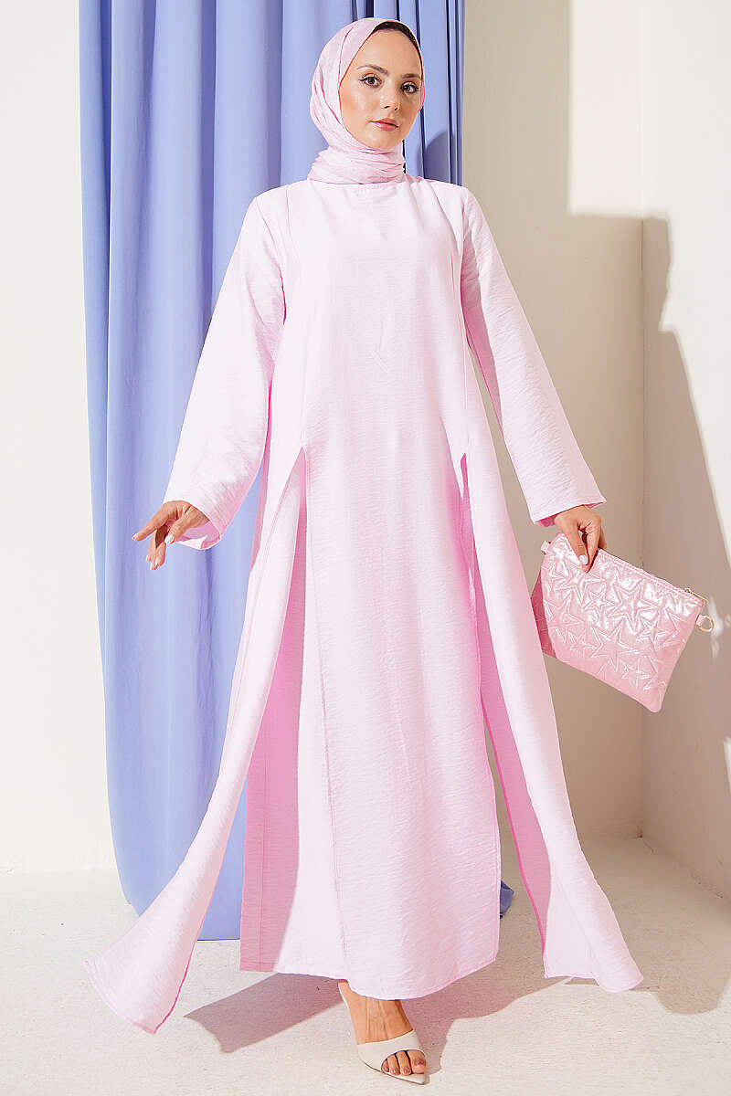 Long Tunic Two-Piece Set with Double Slits - Pink